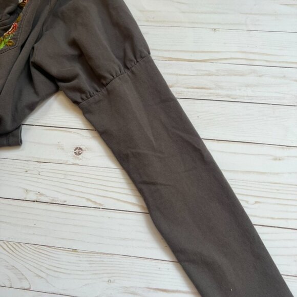 Anthropologie Saturday Sunday Hoodie M Gray Brown Floral Embroidered Boho Cotton - Picture 6 of 10